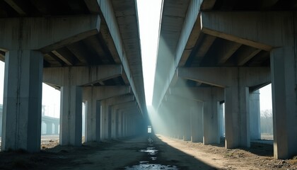 Fototapeta premium Massive concrete highway overpass pillars stretch into distance. Sunlight beams cut through hazy air creating dramatic contrast. Empty path below leads to bright opening.