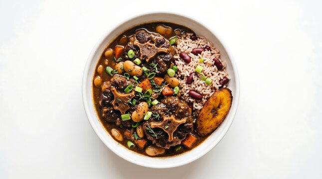 Delicious bowl of oxtail stew with rice and plantain on white background