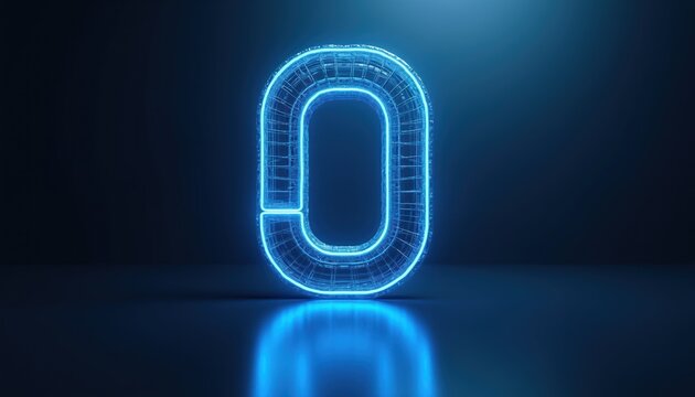 Glowing blue wireframe zero number with neon outline on dark gradient surface. Digital 3D render symbolizes new start, digital age, or zero count. Abstract minimalist concept for tech or data.