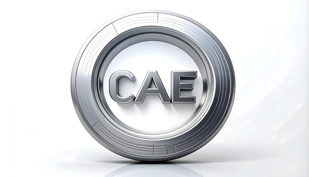 Close-up view of a CAE logo metal button badge.