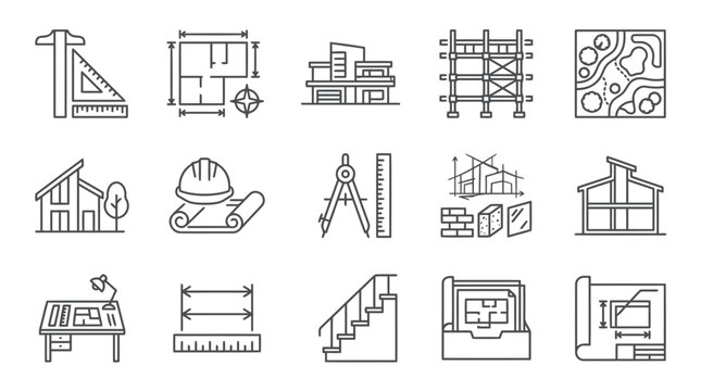 Architectural and construction line icons set featuring blueprints and building structures.