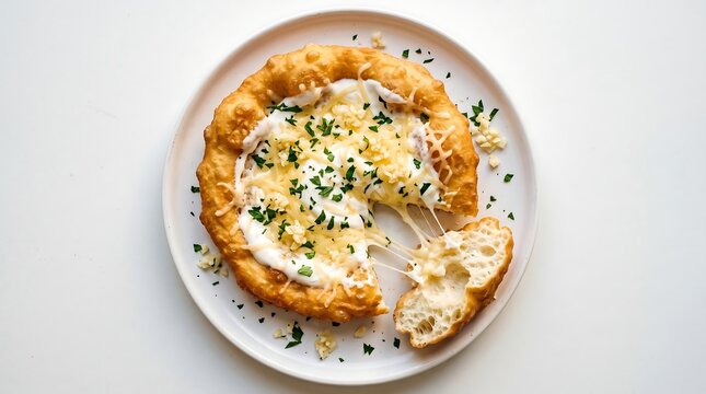 Delicious cheese bread on a white plate with fresh herbs and melted cheese strings