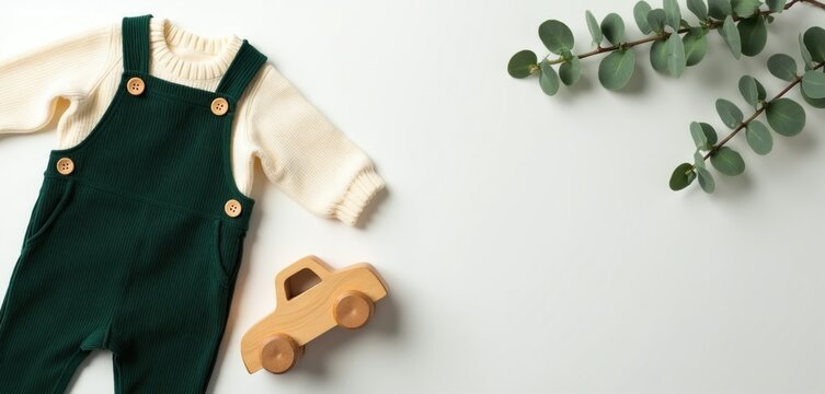 Flat lay of baby clothes includes cream sweater, green ribbed overalls. Wooden toy car rests nearby, with eucalyptus leaves accenting composition. Perfect for gender-neutral baby fashion,