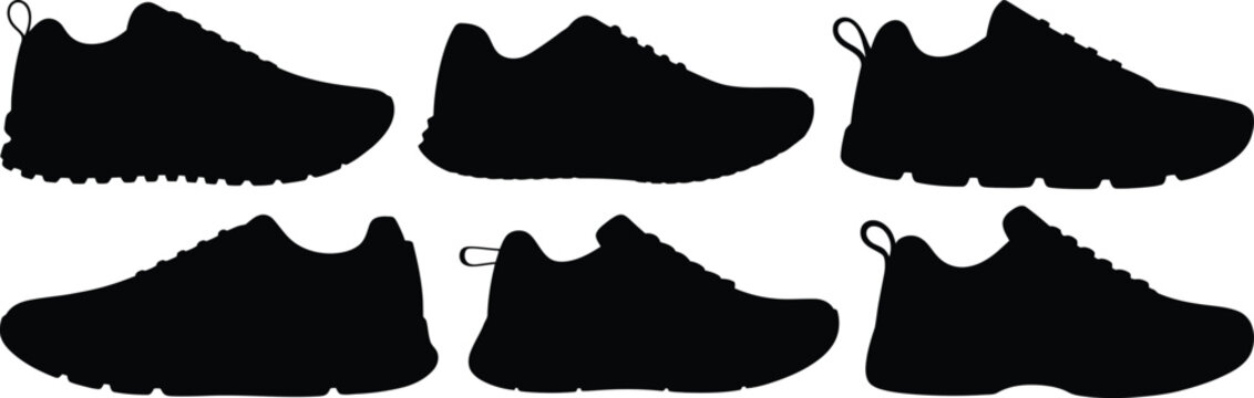 Six black sneaker silhouettes in two rows, minimalist athletic shoe vector set showing varied sole profiles and designs