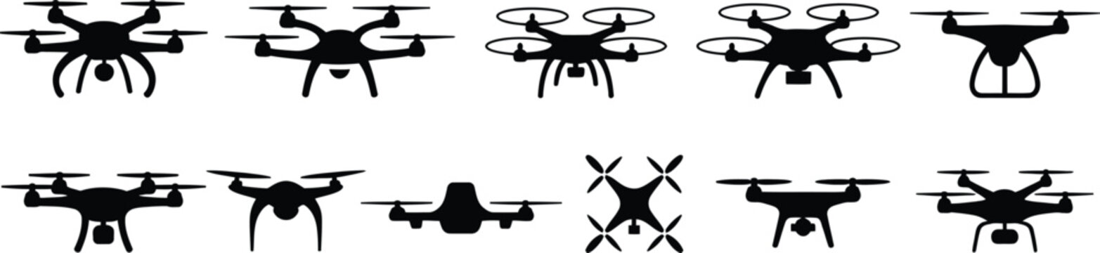 Ten black drone silhouettes showcasing diverse quadcopter and hexacopter designs, modern UAV profiles, technical vector comparison for designers