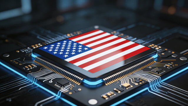 American flag on modern CPU microchip with bright blue neon glowing circuit board silver tracks on dark background, USA artificial intelligence semiconductor technology leadership concept.