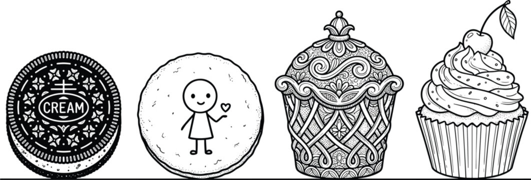 Hand drawn sweet desserts vector set featuring vintage sketch cookie macaron cupcake and cherry muffin on line