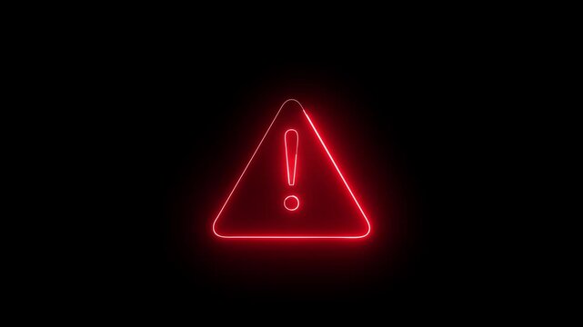 Glowing neon red warning symbol animation on dark black background.