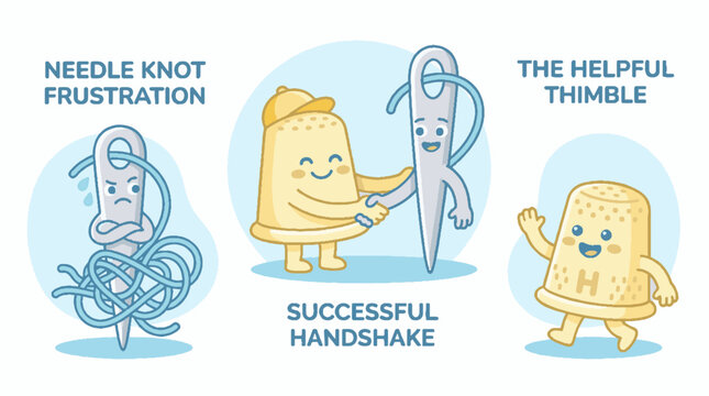 Cartoon characters of a sewing needle and thimble showing frustration and success.