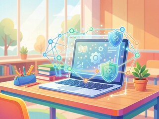 Fototapeta premium Illustration of a laptop on a classroom desk with cybersecurity icons, books, and school supplies, representing secure digital education, e-learning protection, and safe academic technology.