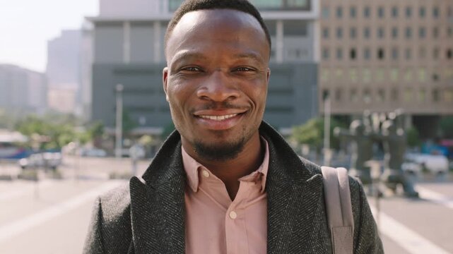 Commute, face or businessman in city with laugh, good mood or confidence in property management. Happy, black person or real estate agent with bag, positive attitude or career pride with town travel.