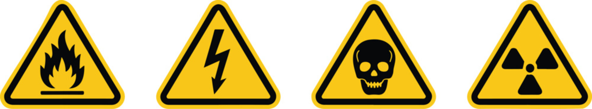 Set of yellow triangle warning signs with black icons for flammable fire electricity high voltage radiation and toxic skull danger (18 words)