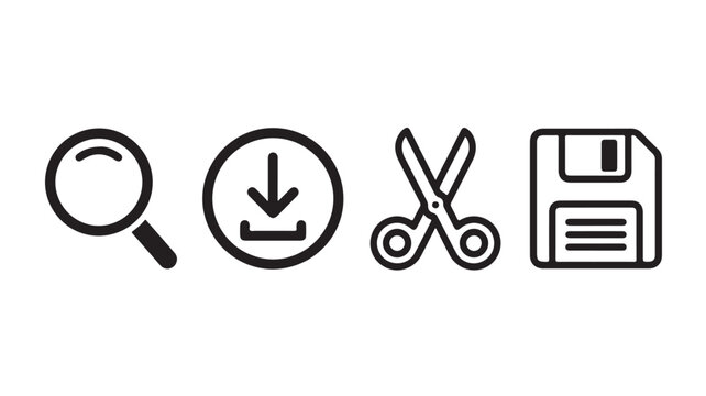 Black icons of magnifying glass, download button, scissors, and floppy disk on white background for technology and editing concepts