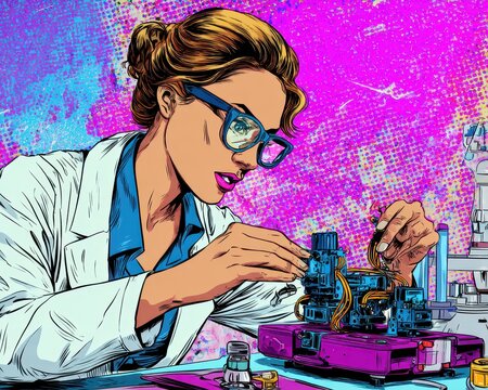 Pop Art Illustration of a Female Engineer: Focused Woman in STEM Working on Advanced Robotics, Showcasing Innovation, Precision, and Modern Technology.