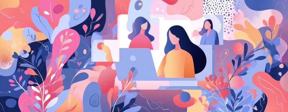 Women's online community collaborating in a virtual meeting. Abstract floral illustration representing growth, creative teamwork, and remote work empowerment.