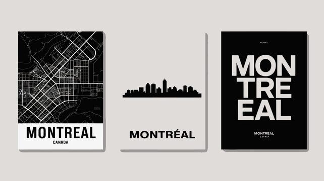 Montreal typographic posters with city maps and skylines a minimalist black and white aesthetic canada cityscape urban map street