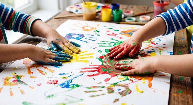 Close-up photo of children creating colorful handprints with bright paint on large paper at a table, expressing creativity, teamwork, early learning, fun education and playful development.