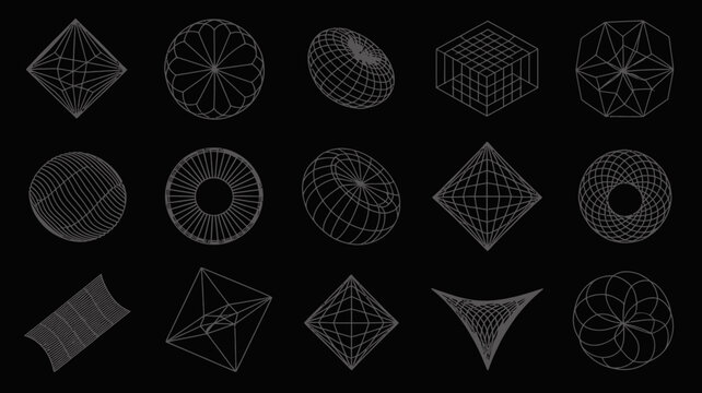 Geometric shapes and forms a collection of white line drawings on a black background art wireframe vector illustration abstract