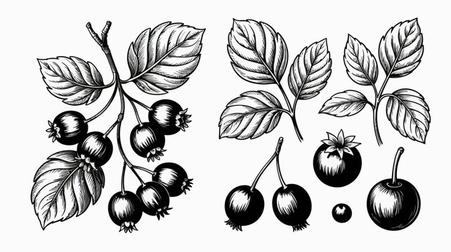 Blackcurrant branches and berries a detailed monochrome vector illustration on a white background black currant ribes nigrum blackberries bush