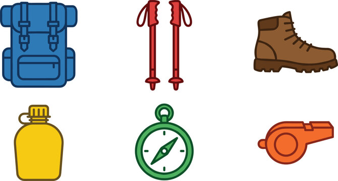 Hiking and Outdoor Adventure Gear Icon Set with Backpack Trekking Poles Boot Canteen Compass and Whistle Vector Illustration for Camping Designs