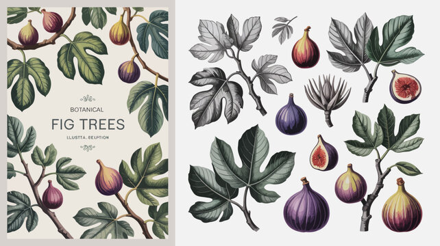 Botanical illustration of fig trees with detailed leaves and fruit on a neutral colored background tree vector floral plant