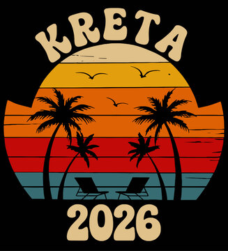 Vintage Kreta 2026 Sunset Graphic with Palm Silhouettes and Retro Beach Colors