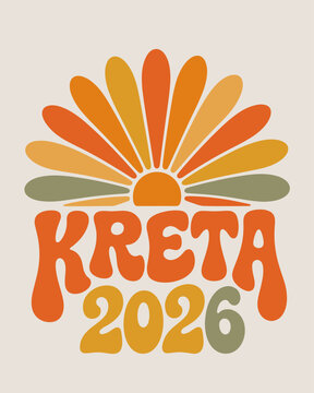Kreta 2026 Retro Travel Logo with Flower Sunburst and Warm Summer Colors