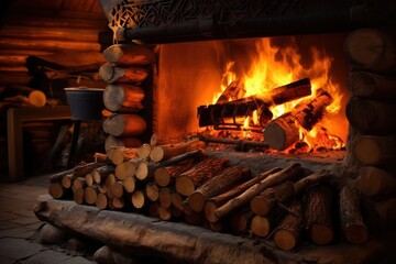 Obraz premium Burning firewood in fire-box of fireplace indoors hearth.