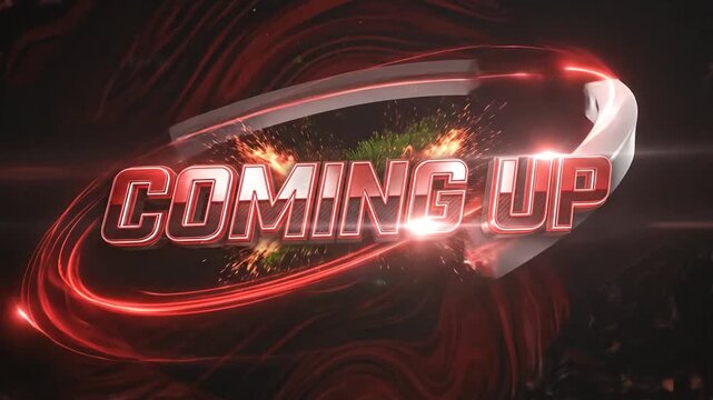 Dynamic 'Coming Up' Text Animation with Fiery Particles and Energetic Red Light Trails for Broadcast Promos
