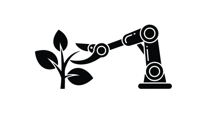 A black silhouette icon displays a robotic arm pruning a plant with leaves, symbolizing automated agriculture or scientific advancement.