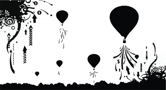 Black silhouette hot air balloons ascend from a dark ground line, accompanied by abstract swirls, arrows, and dollar signs against a white background.