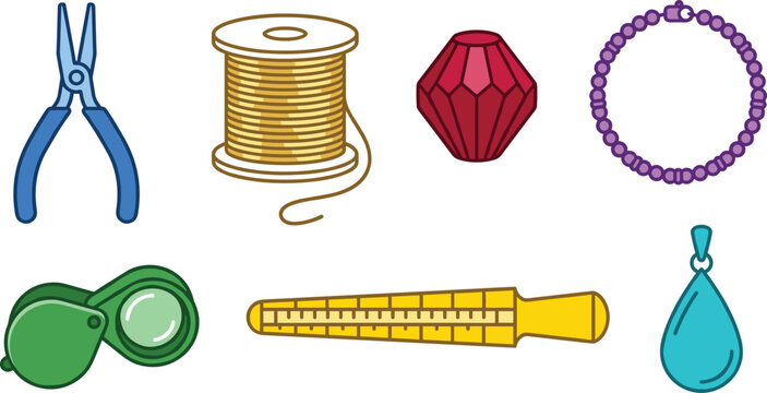 Jewelry Making and Crafting Tools Icon Set with Pliers Wire Spool Gemstone Beaded Bracelet Loupe Ring Mandrel Gauge and Pendant Vector Illustration