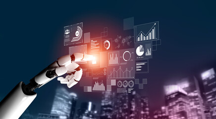 Fototapeta premium AI interacts with data analytics dashboard, reading trends, improving decisions, and enhancing insights using advanced data analytics capabilities. Vouch