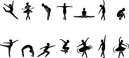 Ballet Contemporary Dance Silhouette Set Ballerina Leap Spin Stretch Jump Graceful Pose Vector Collection © AponChandro
