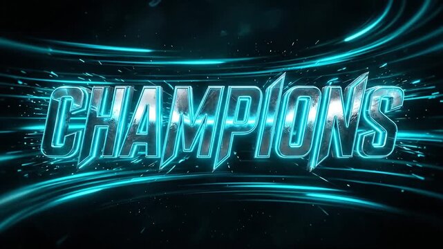 Dynamic Neon Blue 'Champions' Title Animation with Energetic Streaks and Sparkle Effects on Dark Background