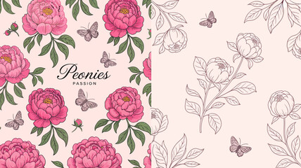 Floral ornament featuring pink peonies and butterflies on a light peach background botanical flower peony flowers insect leaves foliage © rocky