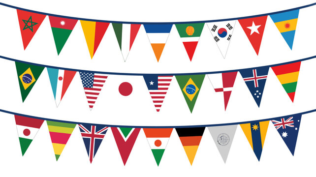 String of triangular flags representing various nations on a white background national international bunting festive celebration holiday patriotic world