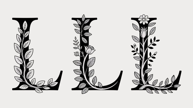 Floral ornament letters three capital l characters rendered as a black and white vector illustration letter lettering typography foliage