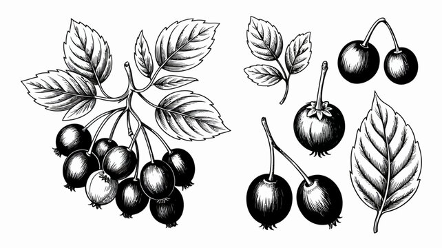 Black cherries and foliage a vintage style botanical vector illustration on a white background fruit stone prunus leaves leaf