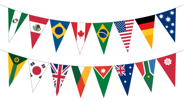 String of international pennant flags on a white background representing global unity and diverse nations national country flag bunting