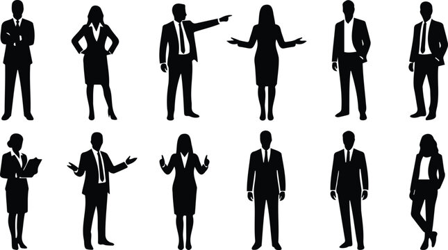 Business People Silhouette Collection Professional Man Woman Suit Pointing Presenting Corporate Vector Set