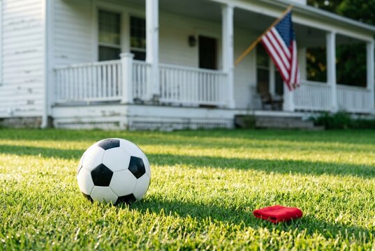 A soccer ball on a grassy lawn in front of a house with an American flag