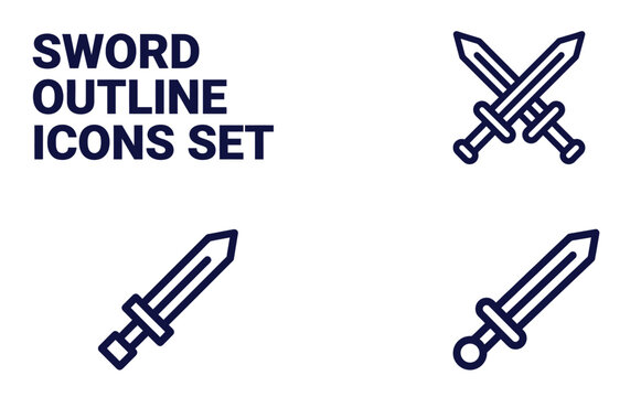 Sword outline icons set, medieval weapon line art collection, crossed blades and single broadsword vector graphics for gaming and web design