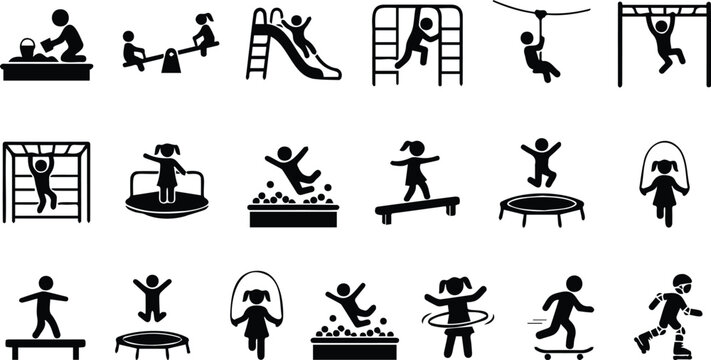 Children Playground Activity Silhouette Collection with Jumping Sliding Skating and Outdoor Fun Icons