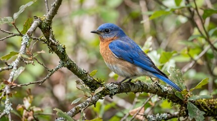 Fototapeta premium Eastern bluebird perched on a branch in a natural forest setting