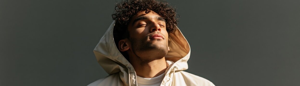 Warm close portrait of a male model in a light hooded jacket with dramatic studio lighting and neutral background for editorial fashion layout