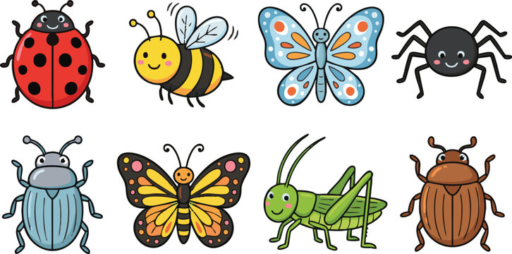 Colorful cartoon insects and bugs on including ladybug, bee, butterfly, spider, beetle, and grasshopper