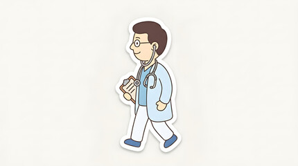 Fototapeta premium Minimalist illustration of male doctor walking with clipboard and wearing white coat.