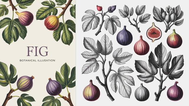 Fig botanical illustration showcases detailed depictions of fruit leaves and branches in a vintage style figs ficus fruits retro