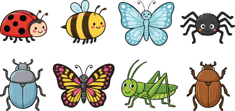 Colorful cartoon insects and bugs with smiling faces